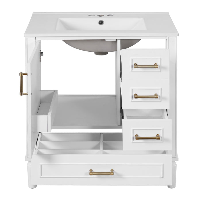 Emerson 30 Inch Bathroom Vanity with Ceramic Sink and Three Drawers, White