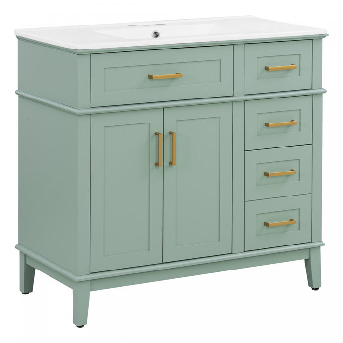 Clara 36 Inch Modern Bathroom Vanity with Ceramic Sink and Multi-Drawer Storage, Light Green