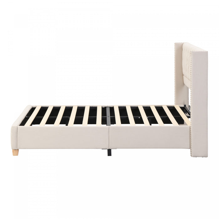 Haley Linen Upholstered Platform Bed with Classic Wingback Headboard and Diamond Tufted Upholstery,Queen Size,Beige Queen Bed