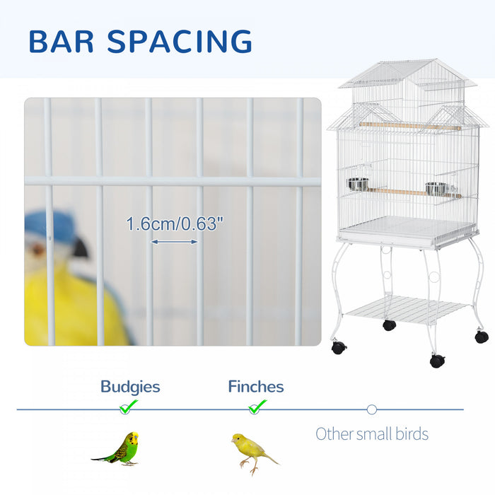 Pawhut 53.9'' Large Rolling Steel Bird Cage Bird House With Detachable Rolling Stand, Storage Shelf, Wood Perch, Food Container, White