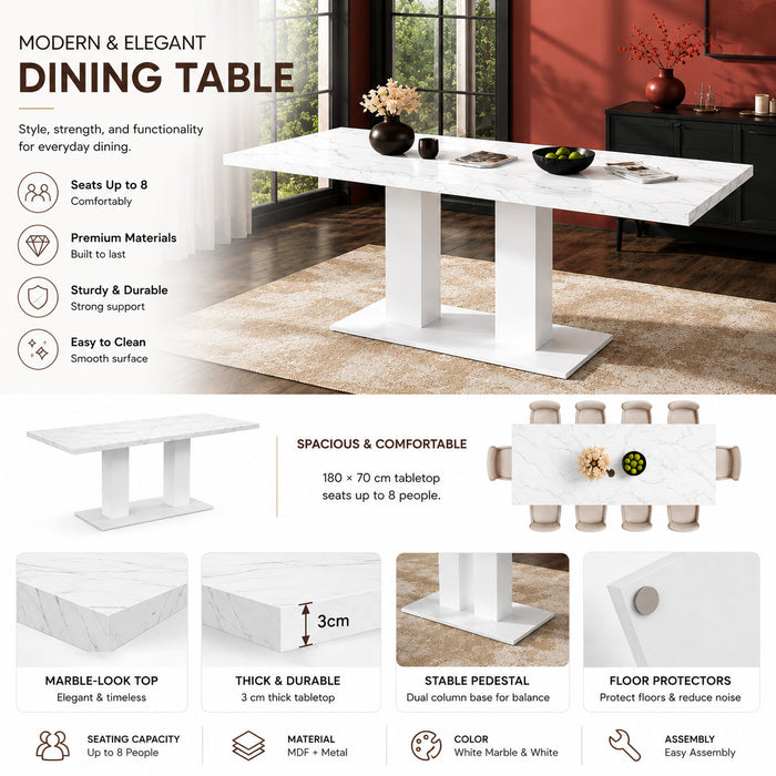 Vero 71 Inch Modern Rectangular Dining Table with Dual Pedestal Base and Marble Effect Finish, White Marble
