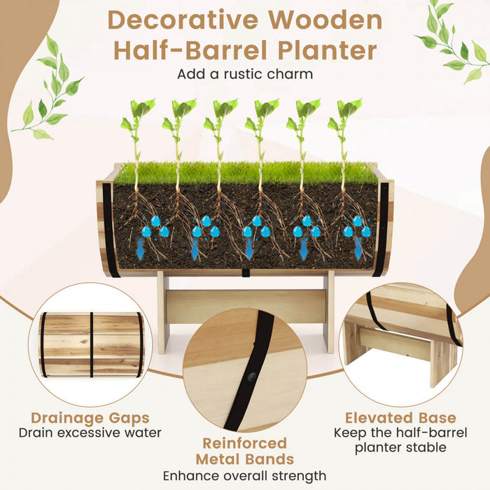 Costway 1 Pcs Outdoor Wooden Planter Solid Acacia Wood Half-barrel Planter Box With Legs