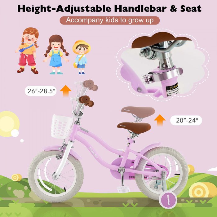 Costway 14\" Kid's Bike With Removable Training Wheels & Basket For 3-5 Years Old Purple