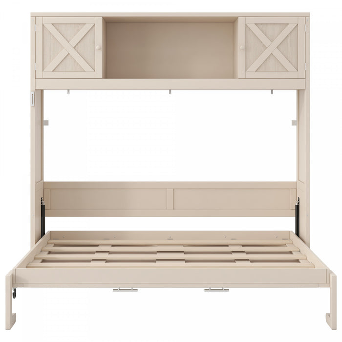 Ethan Solid Wood Murphy Bed with Storage Cabinets,Queen Size,Beige Queen Bed