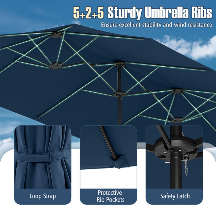 Costway 15.5 FT Extra-Large Patio Umbrella with LED Solar Lights & 12 Heavy-Duty Ribs Navy