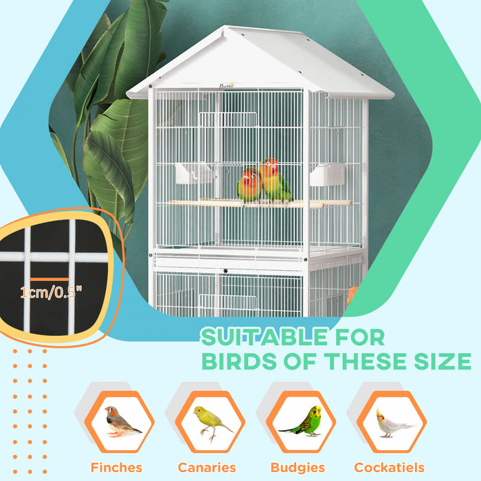 Pawhut Wrought Metal Bird Cage Feeder With Rolling Stand Perches Food Containers Doors Wheels 67\" H, White