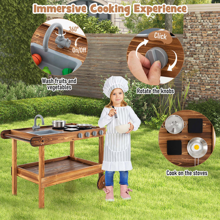 Costway Kids Wooden Mud Play Kitchen Cart With Sink, 4 Stoves & Storage Shelf Natural