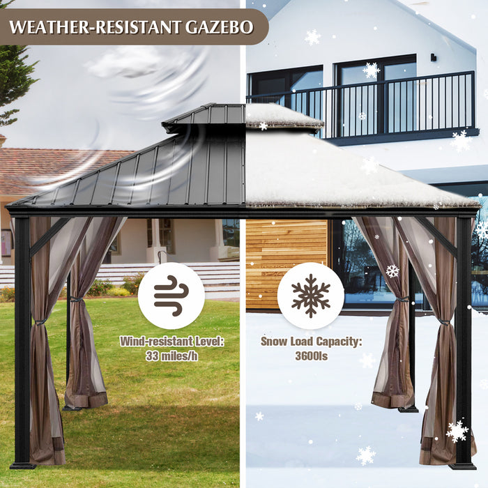 Costway 12ft X 10ft Hardtop Gazebo 2-tier Outdoor Galvanized Steel Canopy Brown