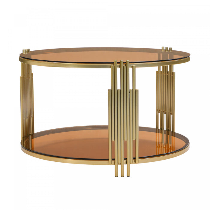 Jonas 31.5\" Round Tempered Glass Coffee Table With Lower Shelf, Brown
