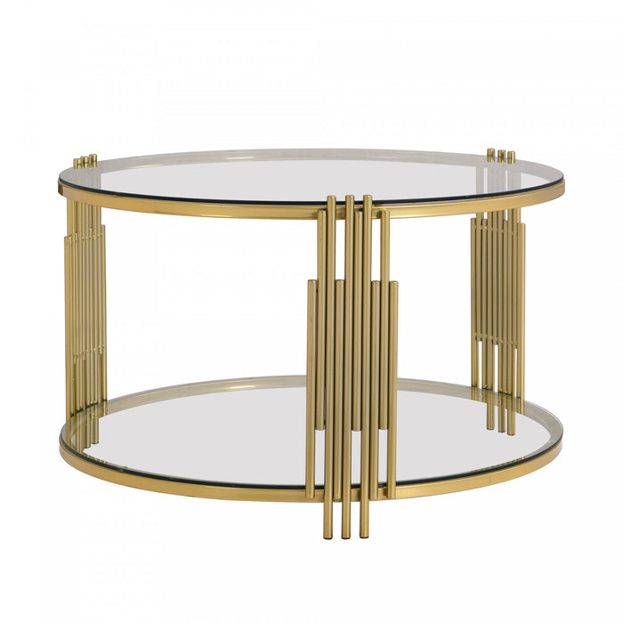 Jonas 31.5\" Round Tempered Glass Coffee Table With Lower Shelf, Transparent