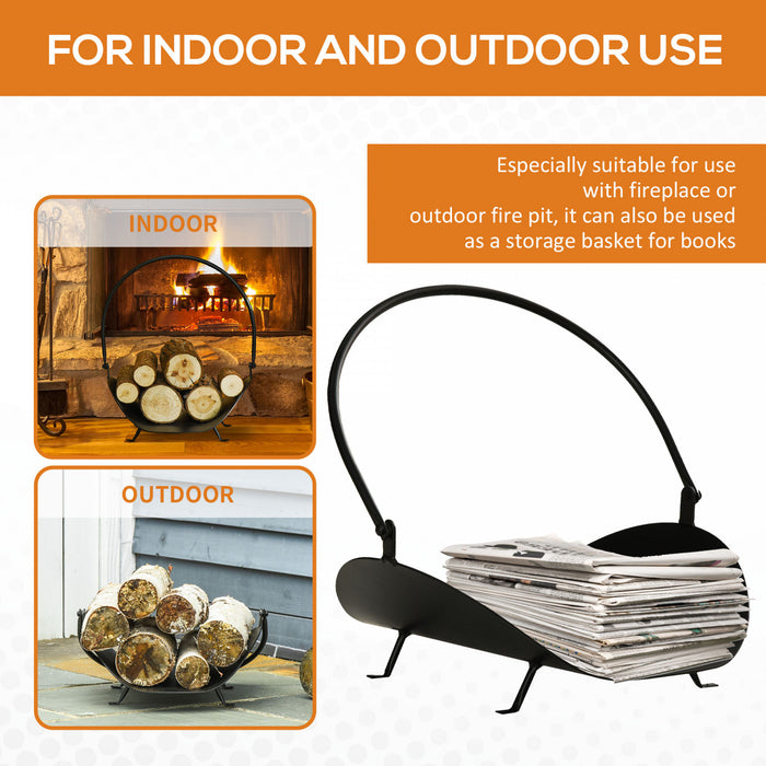 Outsunny 16\" Firewood Log Rack Curved Fireplace Log Holder Wood Storage Basket Carrier With Handle, For Outdoor And Indoor Use, Black