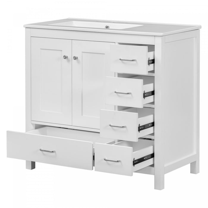 Derek 36 Inch Modern Bathroom Vanity with Ceramic Sink & Multi Storage, White