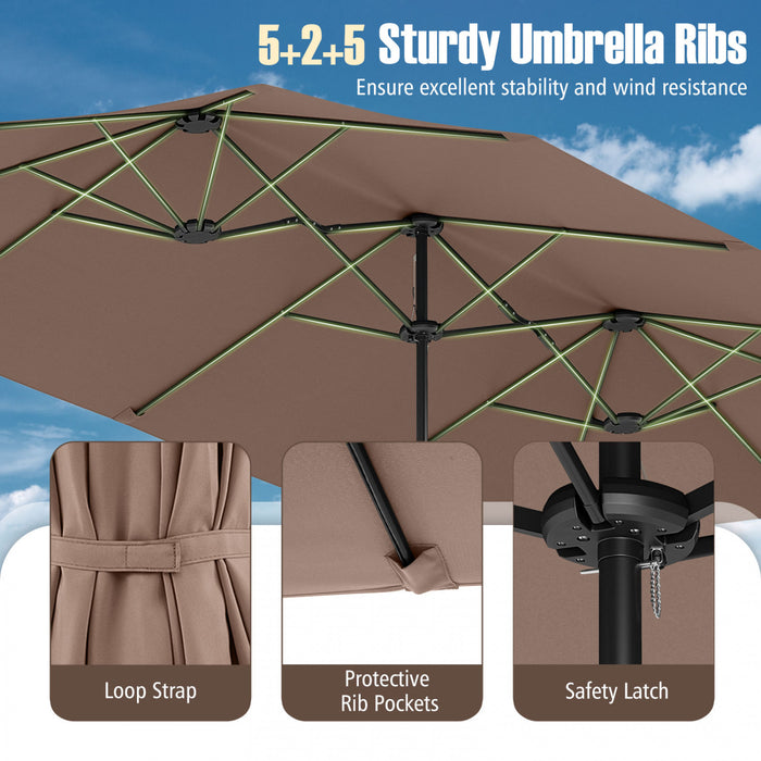 Costway 15.5 FT Extra-Large Patio Umbrella with LED Solar Lights & 12 Heavy-Duty Ribs Brown