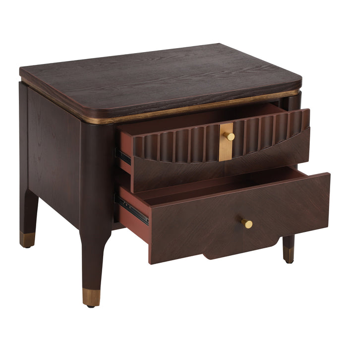 Liam Modern Wave Design Nightstand with 2 Storage Drawers,Dark Brown