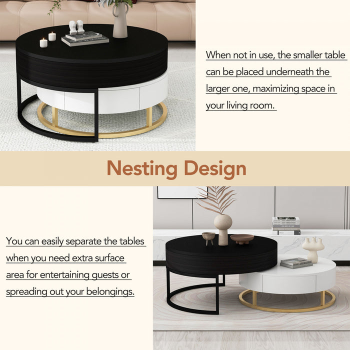 Sherry 31.5\" Round Engineered Wood Lift-top Nesting Coffee Table With Drawers, Black