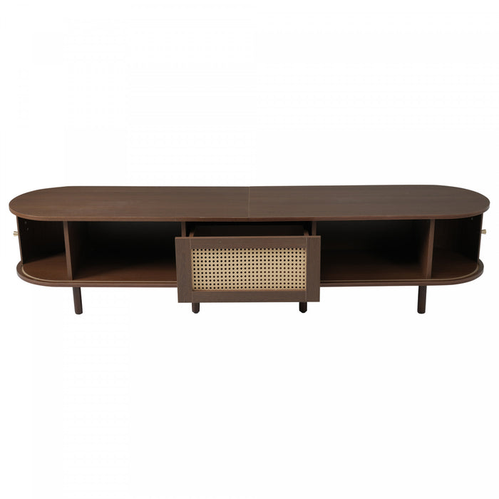 Lucas TV Stand Media Console with Rattan Drawer and Sliding Doors,Dark Oak