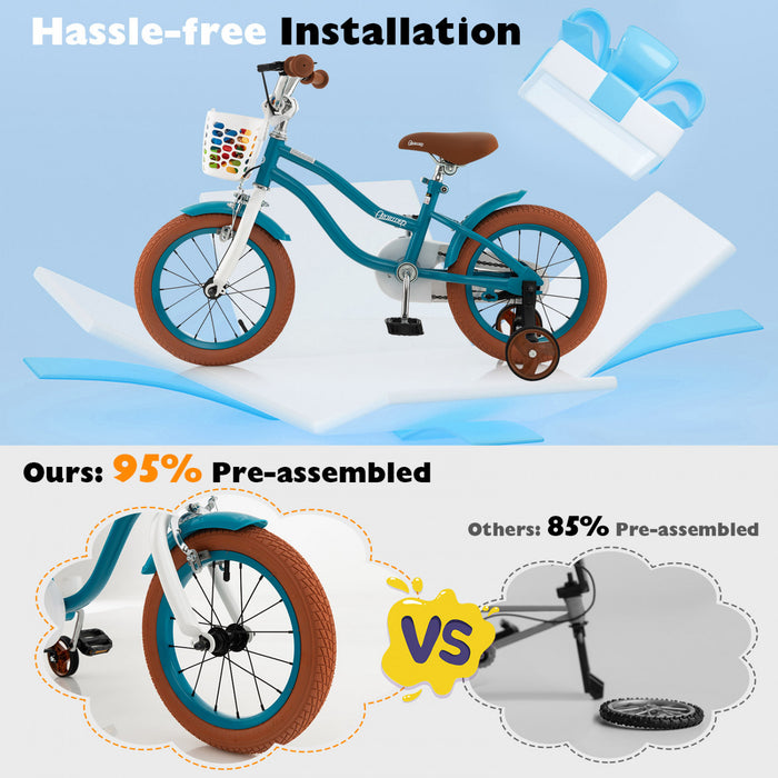 Costway 14\" Kid's Bike With Removable Training Wheels & Basket For 3-5 Years Old Blue