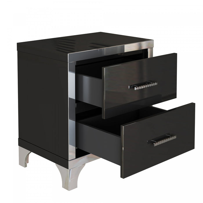 Sophia High Gloss Nightstand with 2 Drawers and Metal Handles,Black