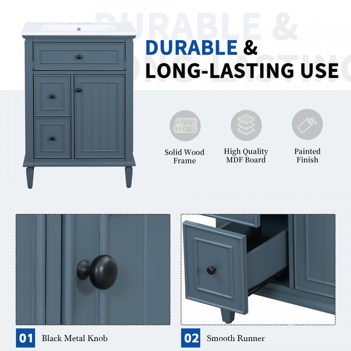 Vivo 24 Inch Single Sink Bathroom Vanity with Flip Drawer and Solid Wood Legs, Blue Gray
