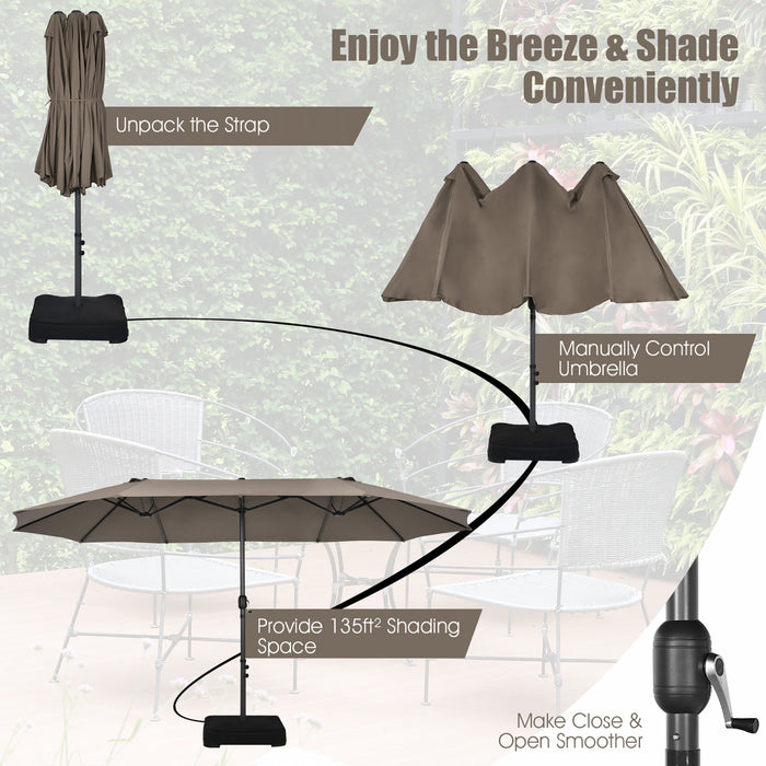 Costway 15FT Double-Sided Twin Patio Umbrella Sun Shade Outdoor Crank Market Base Coffee