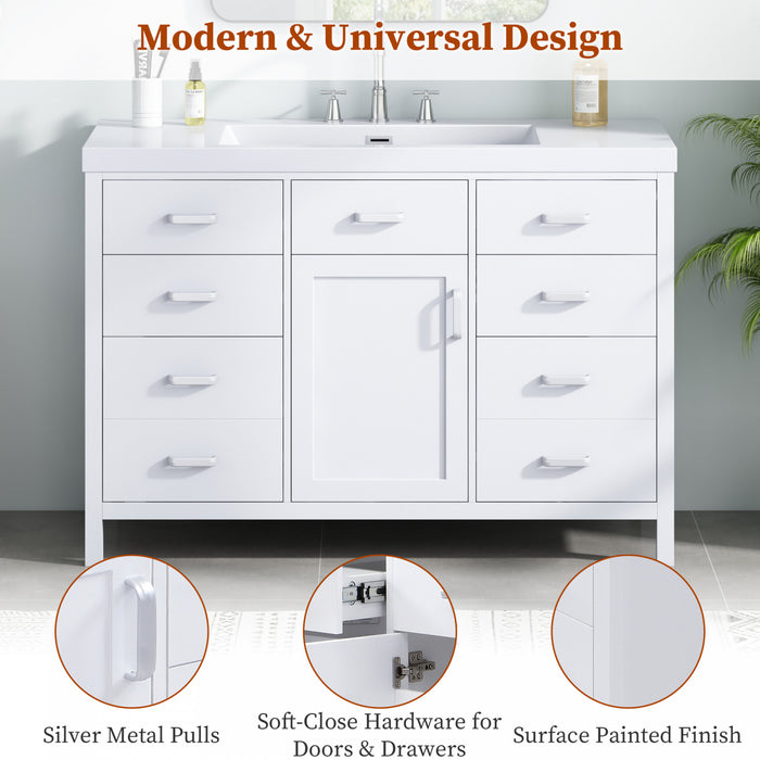 Resina 48 Inch Single Sink Bathroom Vanity with Resin Sink and 6 Drawers, White