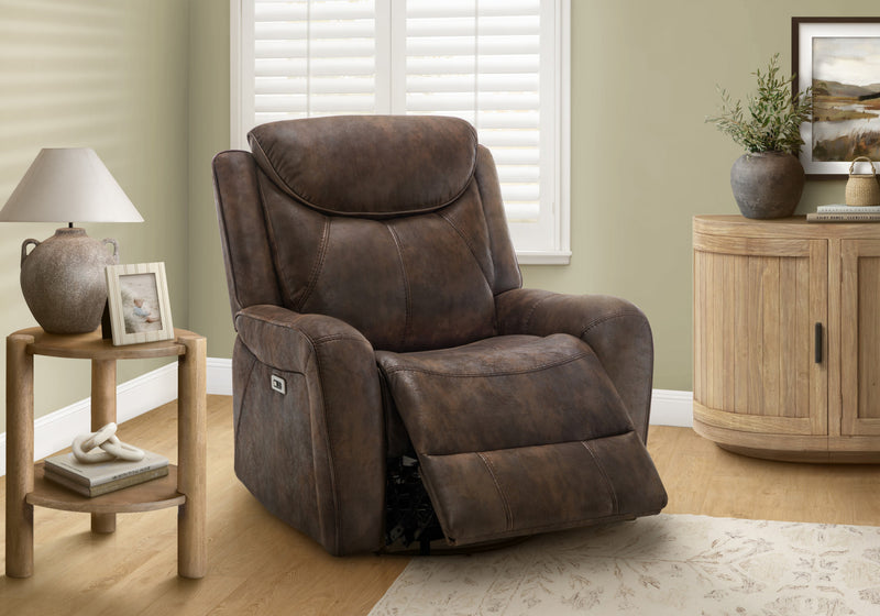 Power Reclining Chair, 37\" Wide, Glider, Swivel, Usb Ports Included, Brown Leather-Look Recliner
