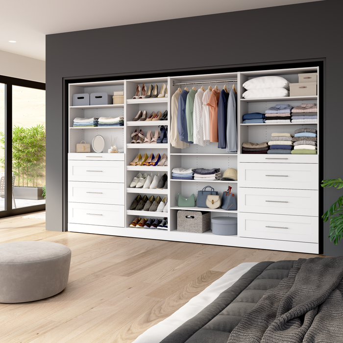 Bestar Florence 132\" Modular Walk-In Closet System with Drawers and Shoe Shelves Shaker Style - White