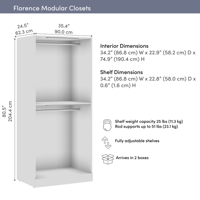 Bestar Florence 35\" Modular Double Hanging Closet System with LED Light - White