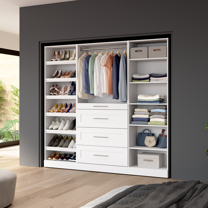 Bestar Florence 85\" Modular Reach-In/Walk-In Closet System with Drawers and Shoe Shelves Shaker Style - White