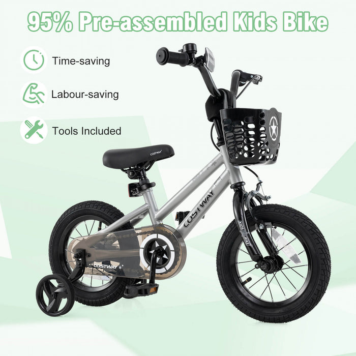 Costway 12\" Kid's Bike With Training Wheels Adjustable Handlebar & Seat Handbrake Silver