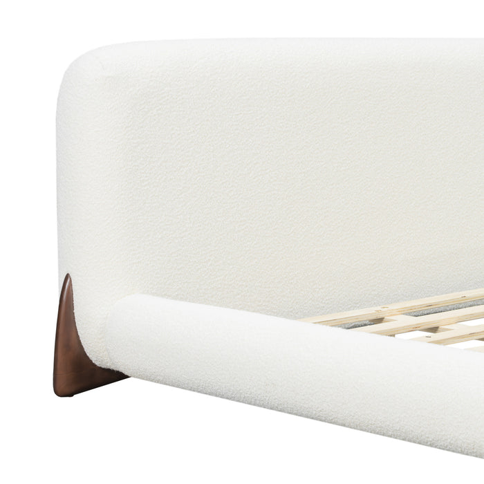 Emma Low Profile Platform Bed Frame with Curved Headboard and Boucle Upholstery, Queen Size,Cream White Queen Bed
