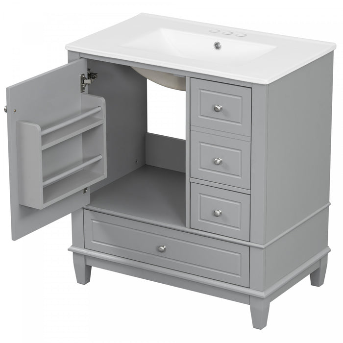 Emma 30\" Solid Wood Bathroom Vanity with Ceramic Sink and Soft-Close Door, Grey