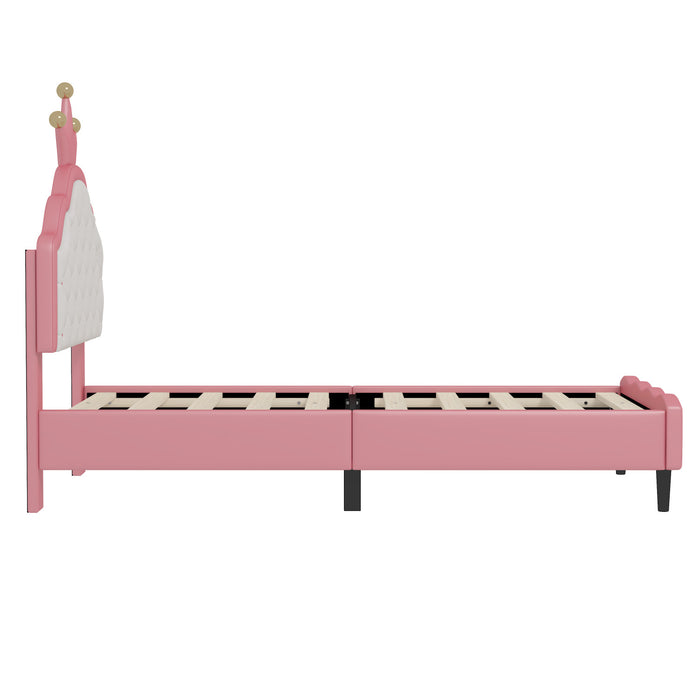 Lily Lovely Crown Fantasy Princess Bed with Tufted PU Leather Headboard,Twin Size Twin Bed