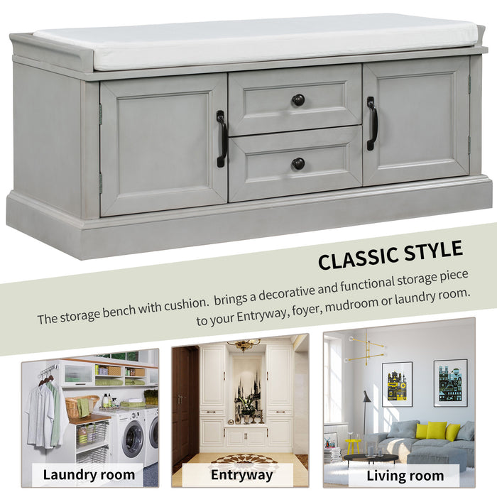 Boyce Solid Wood Storage Bench With 4-door Shoe Cabinet With Cushion -Grey 