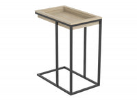 C-Shaped End Table With Sunkey Track - Brown Breech Wood With Black Metal 