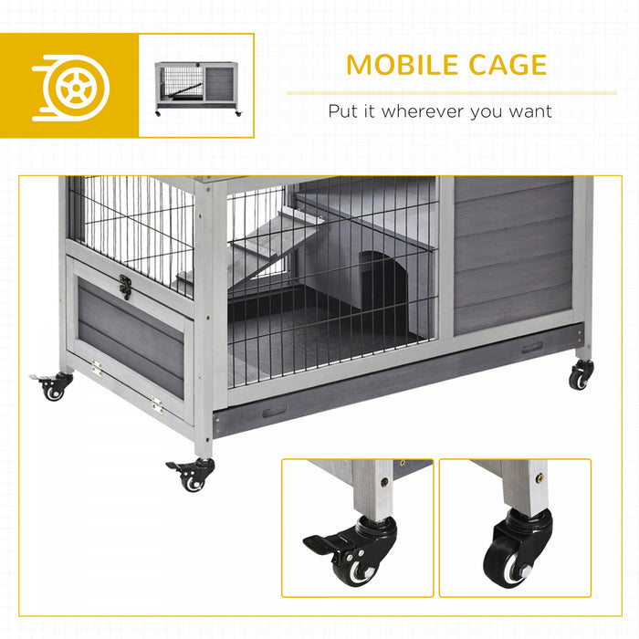 Pawhut Wooden Indoor Rabbit Hutch Elevated Bunny Cage Habitat With Enclosed Run With Wheels, Ideal For Rabbits And Guinea Pigs, Grey
