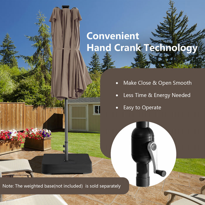 Costway 15FT Twin Patio Double-Sided Umbrella 48 Solar LED Lights Crank Outdoor Coffee