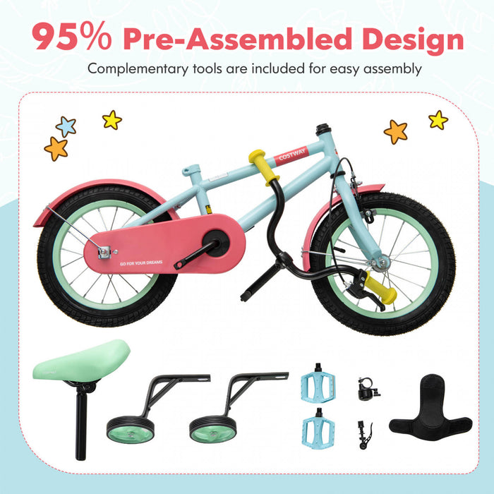 Costway 14\" Kids Bike With Adjustable Saddle Handlebar Removable Training Wheels Handbrake Red
