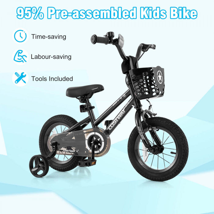 Costway 12\" Kid's Bike With Training Wheels Adjustable Handlebar & Seat Handbrake Black