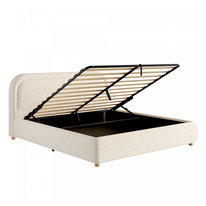 Sophia Space-Saving Hydraulic Lift Storage Platform Bed with Boucle Upholstery,Queen Size,Beige Queen Bed