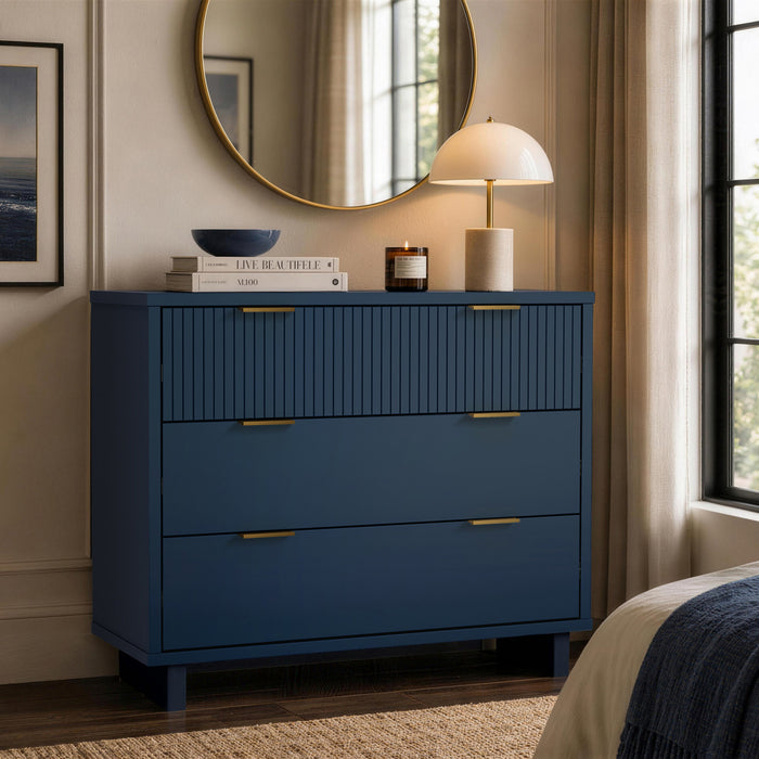 Elara Contemporary 38\" Solid Wood Dresser in Midnight Blue (3-Drawer)