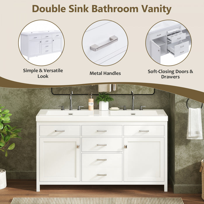 Sorelle 59 Inch Double Sink Bathroom Vanity with Resin Sinks and 3 Drawers, White