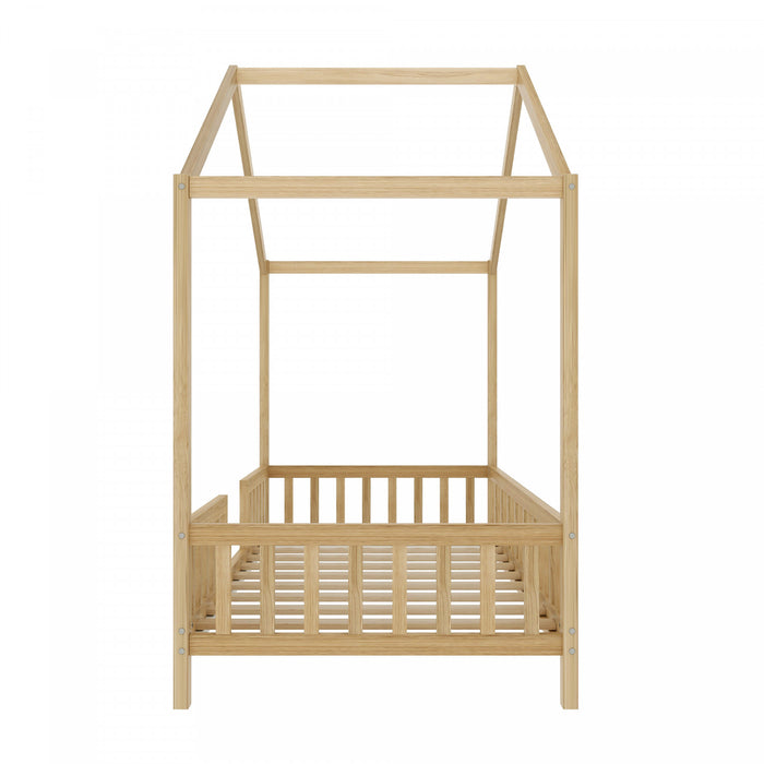 Paul Montessori Floor Bed with Canopy and High Railings,Twin Size，Natural Twin Bed