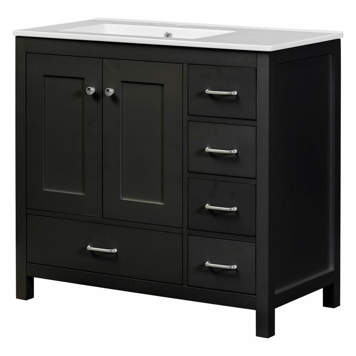 Derek 36 Inch Modern Bathroom Vanity with Ceramic Sink & Multi Storage, Black