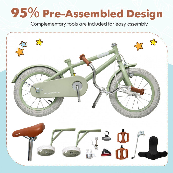 Costway 18\" Kids Bike With Adjustable Saddle Handlebar Removable Training Wheels Handbrake Green