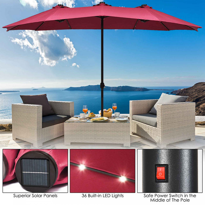 Costway 15Ft Patio Double-Sided Solar LED Market Umbrella Crank Burgundy