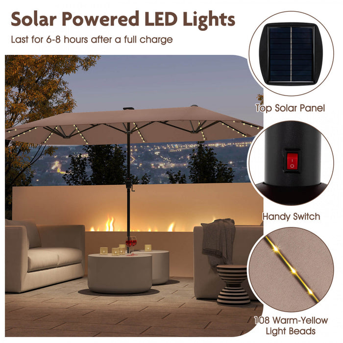 Costway 13 FT Large Patio Umbrella with LED Solar Lights Crank Handle 12 Heavy-Duty Ribs Brown