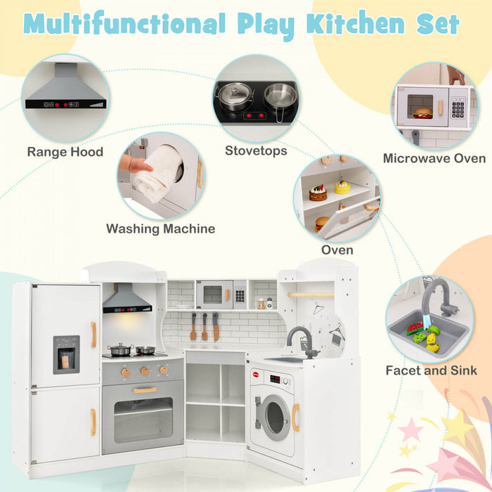 Costway Corner Play Kitchen Toddler Kitchen Playset With Range Hood, Ice Maker, Microwave