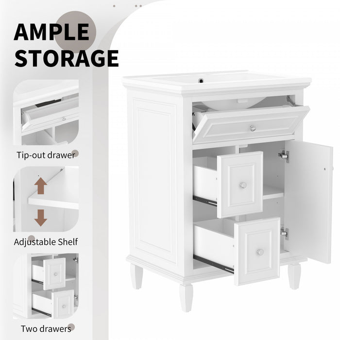 Vivo 24 Inch Single Sink Bathroom Vanity with Flip Drawer and Solid Wood Legs, White
