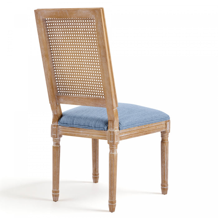 Oliver Solid Wood Rubberwood Dining Chair Set of 2 with Upholstered Seat Cane Backrest and Fluted Legs,Blue